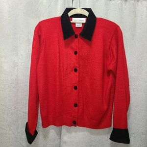 Vintage Norton McNaughton Red & Black Cardigan size M Velvety‎ black collar